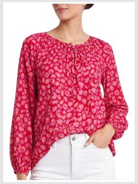 Tucker Silk Blend Blouse Coral Floral Smocked L